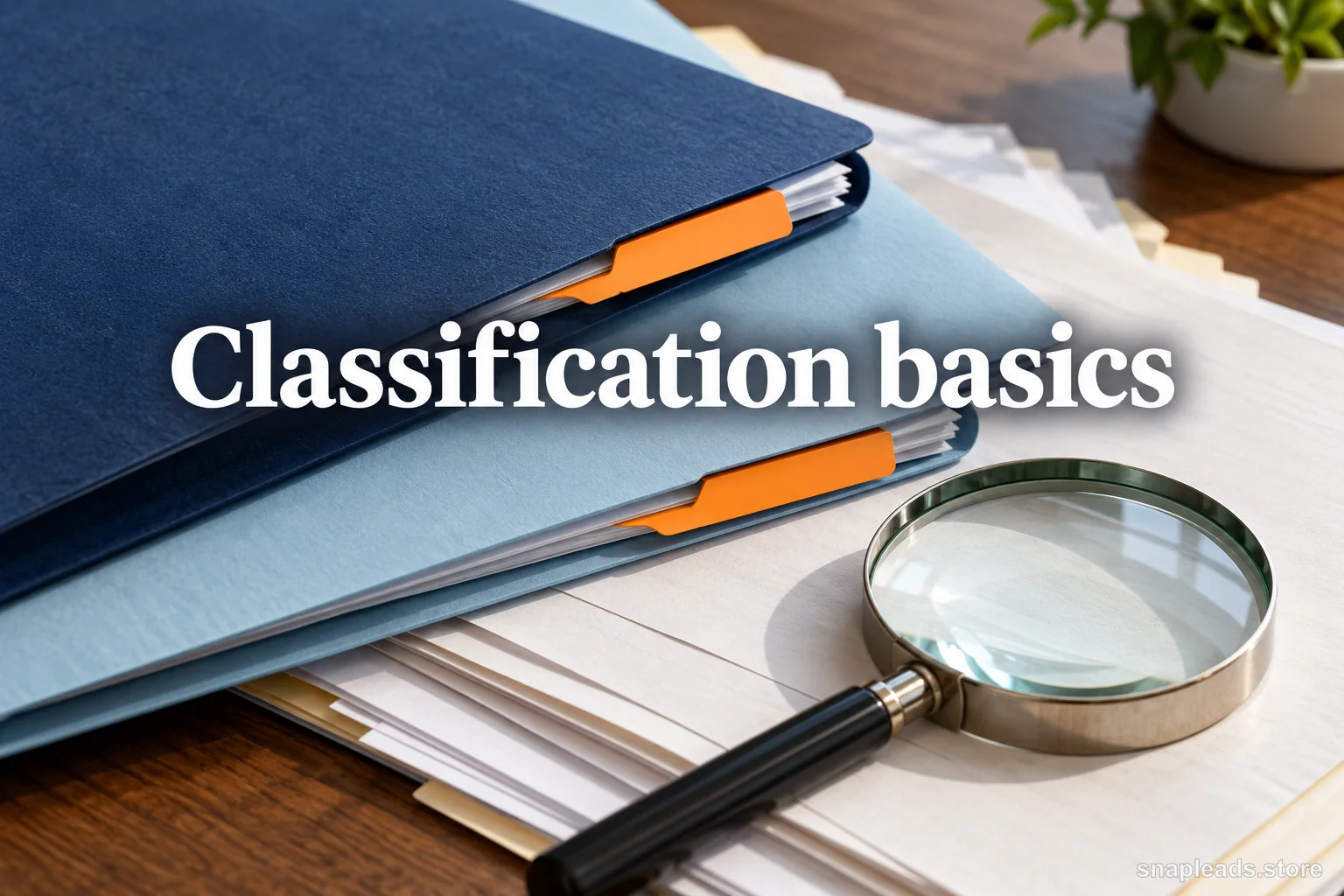 Navy and pale blue folders with orange tabs and a magnifying glass under the title Classification basics.