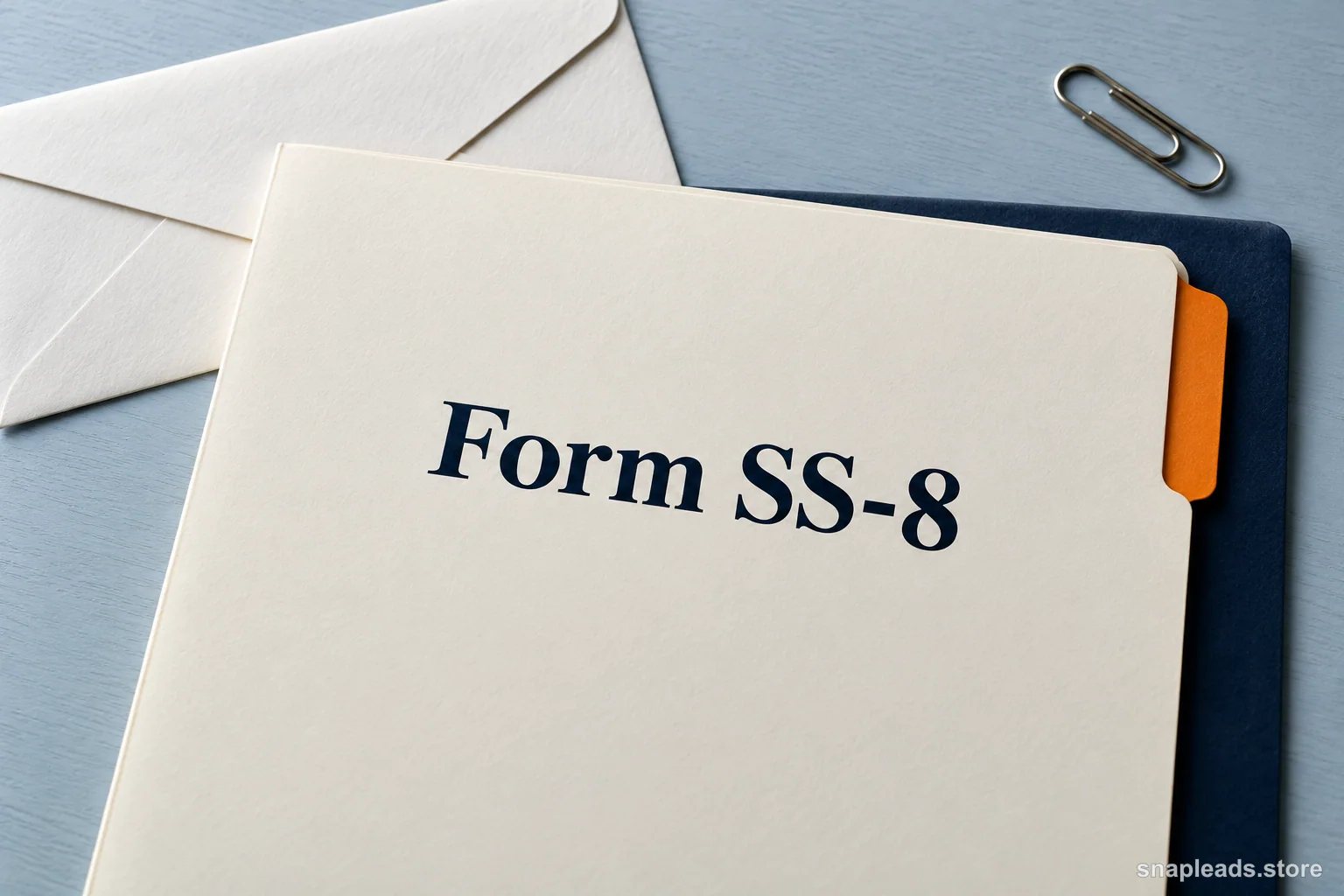 A sample correspondence folder with orange and navy dividers beneath the title Form SS-8.