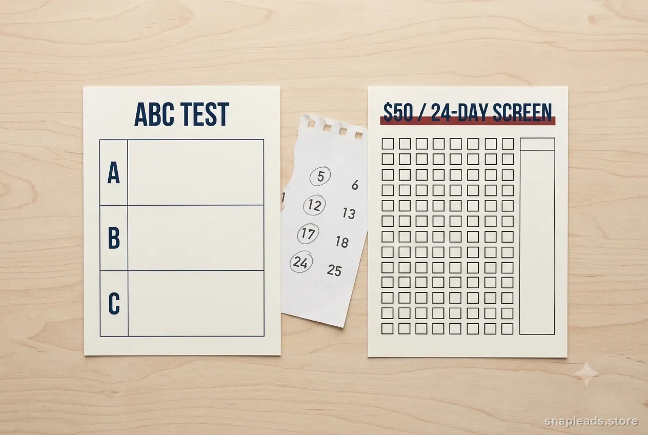 Two blank worksheets side by side — an "ABC test" card with rows A, B, C and a "$50 / 24-day screen" tally grid — with a torn calendar page showing several dates circled.