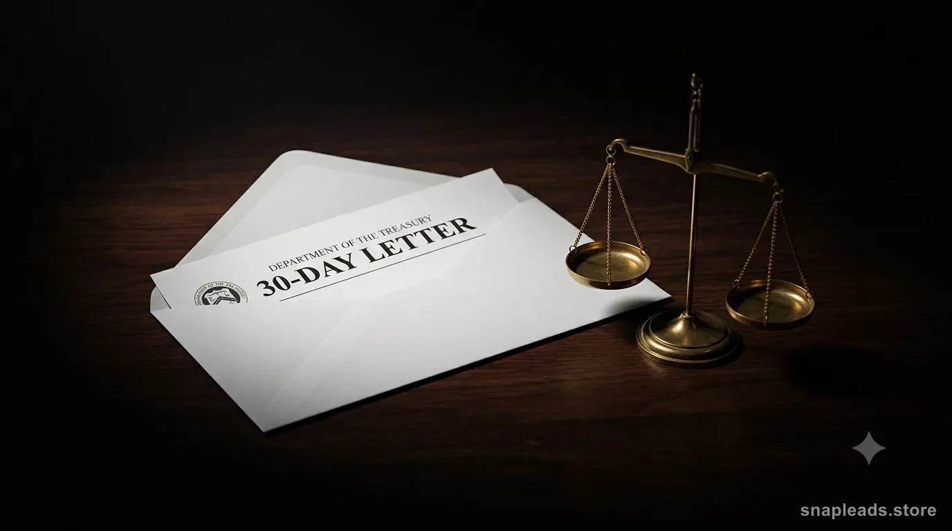 A 30-day letter envelope from the Department of the Treasury beside a small set of brass scales of justice on a dark desk.