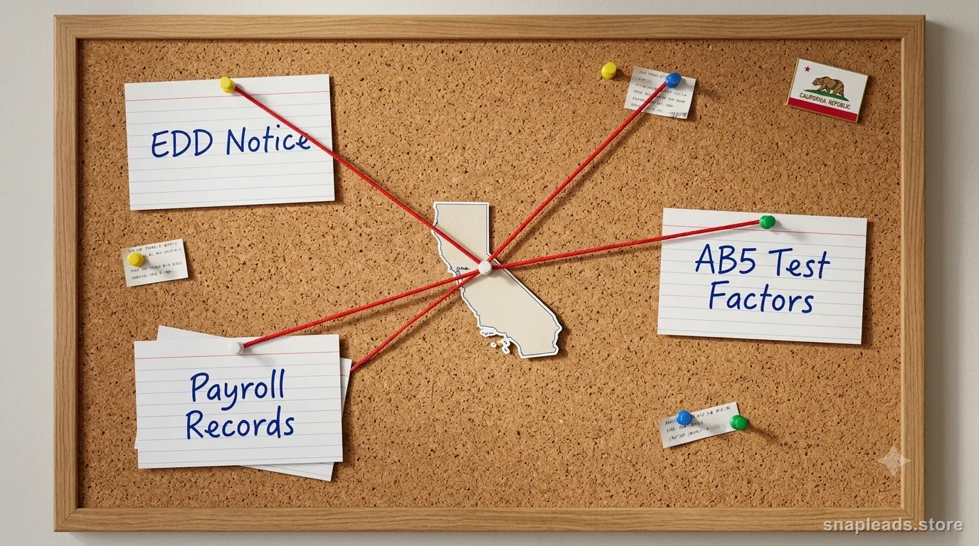 Investigation-style corkboard connecting an EDD notice, payroll records, and AB5 test factors to a California state outline.