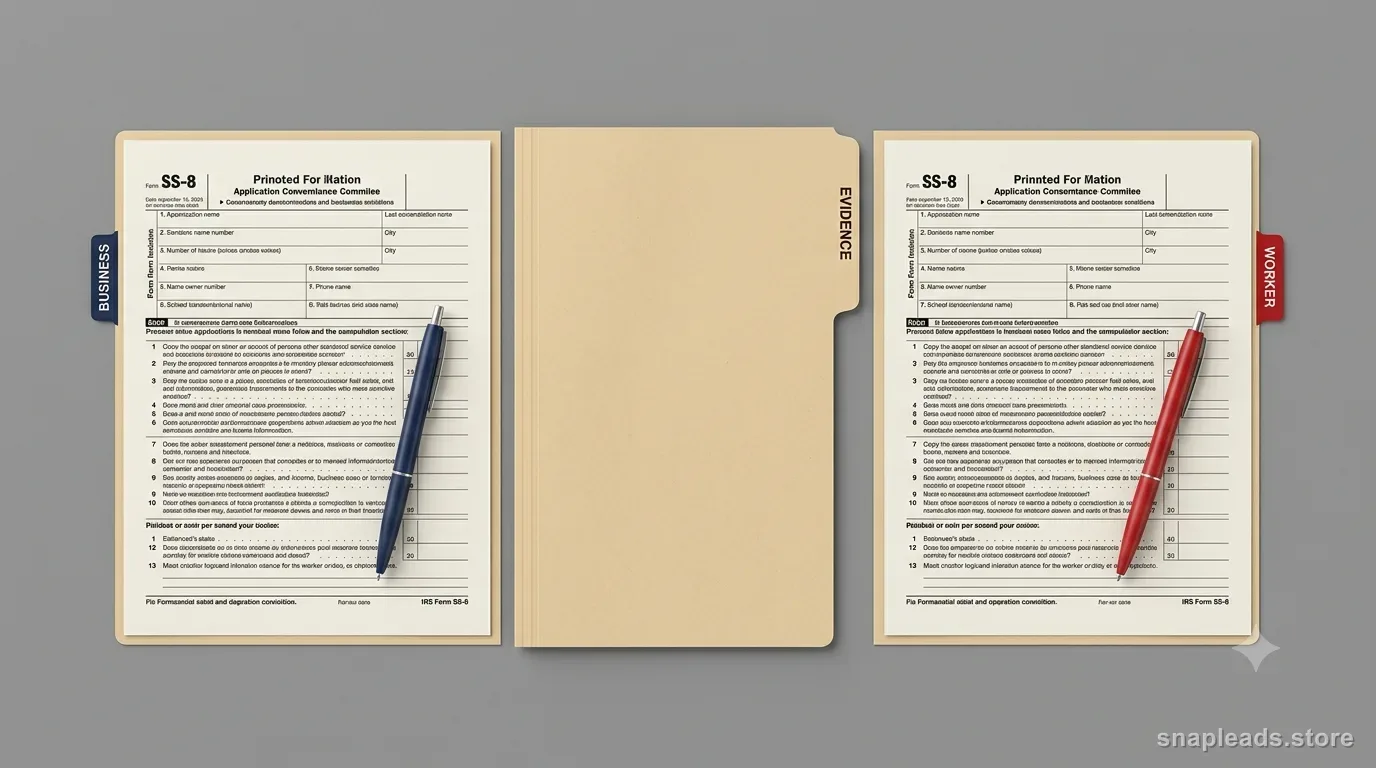 Two identical Form SS-8 copies mirrored and tabbed Business and Worker, sharing one central evidence folder.
