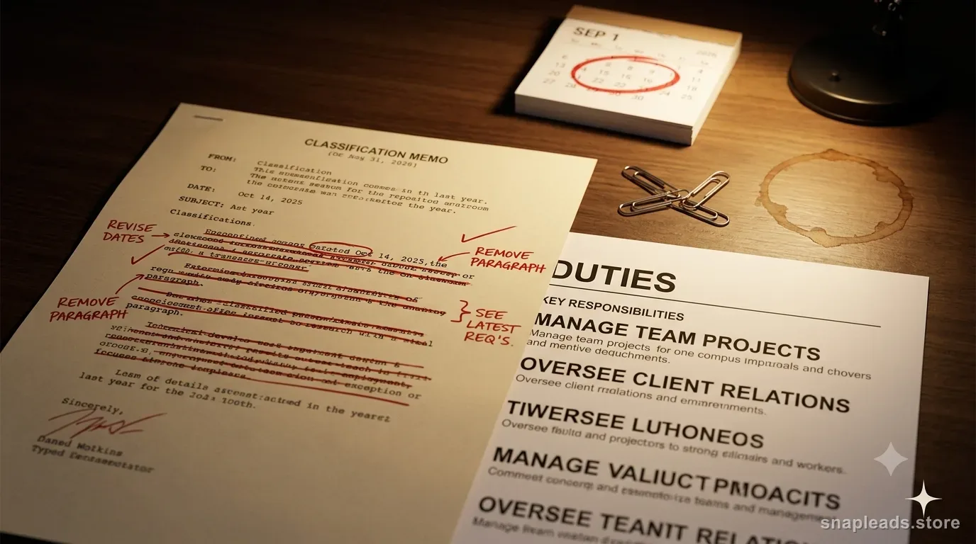A close crop of an old classification memo covered in red-pen edits under a warm lamp, beside an expanded duties list and a ringed calendar date.