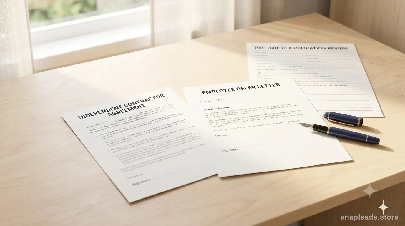 Two blank documents, a contractor agreement and an employee offer letter, fanned on a bright birch desk beside a pre-hire classification review worksheet.