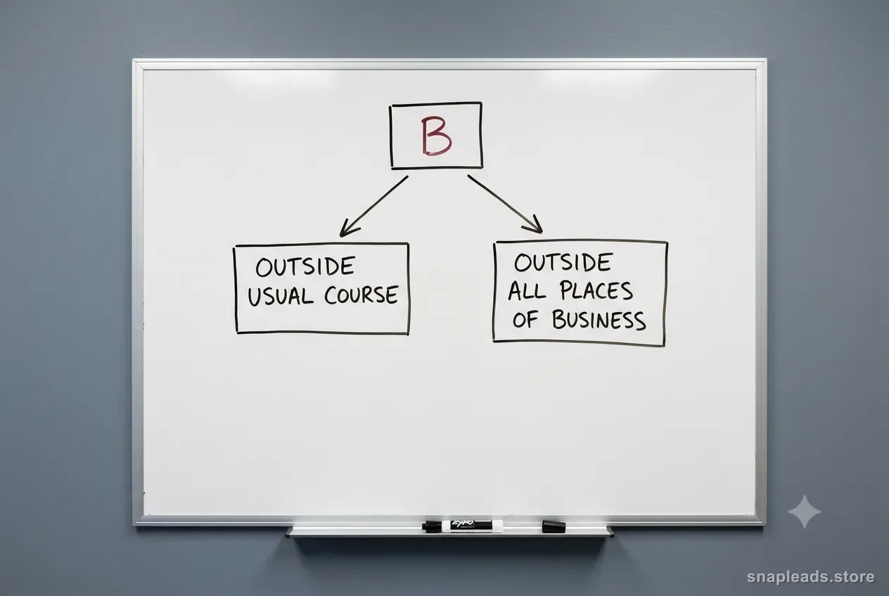 Office whiteboard with a hand-drawn flowchart: a box labeled "B" splitting into two branches, "Outside usual course" and "Outside all places of business".