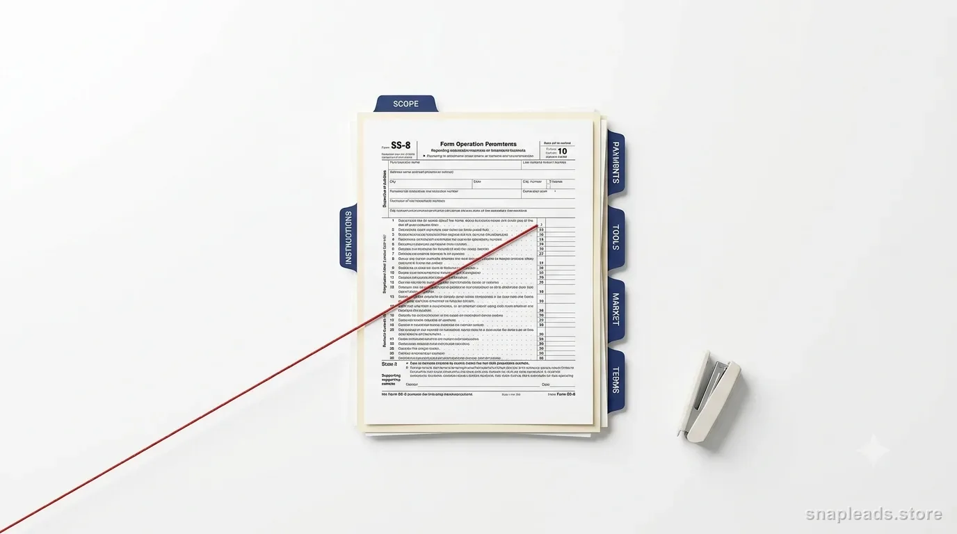 An overhead view of IRS Form SS-8 on a tabbed, indexed stack of exhibits with a red string linking one tab to a line on the form.
