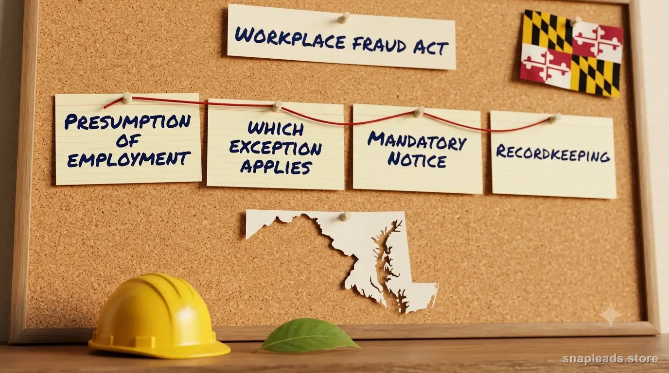 An angled cork board with Maryland's outline and flag showing Workplace Fraud Act duties, with a hard hat and a leaf in sharp foreground.