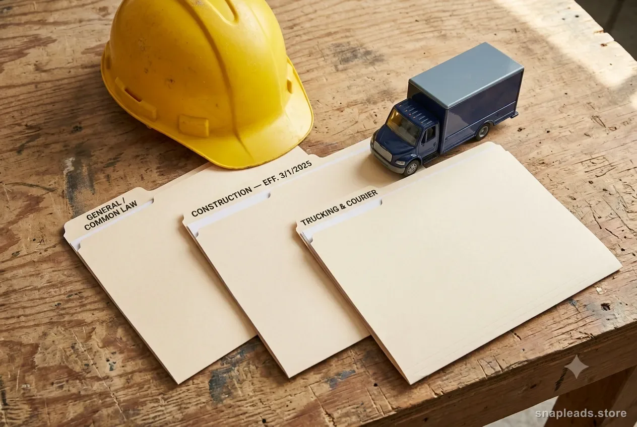 Three labeled file folders on a workbench — "General / common law", "Construction — eff. 3/1/2025", "Trucking & courier" — beside a hard hat and a model box truck.