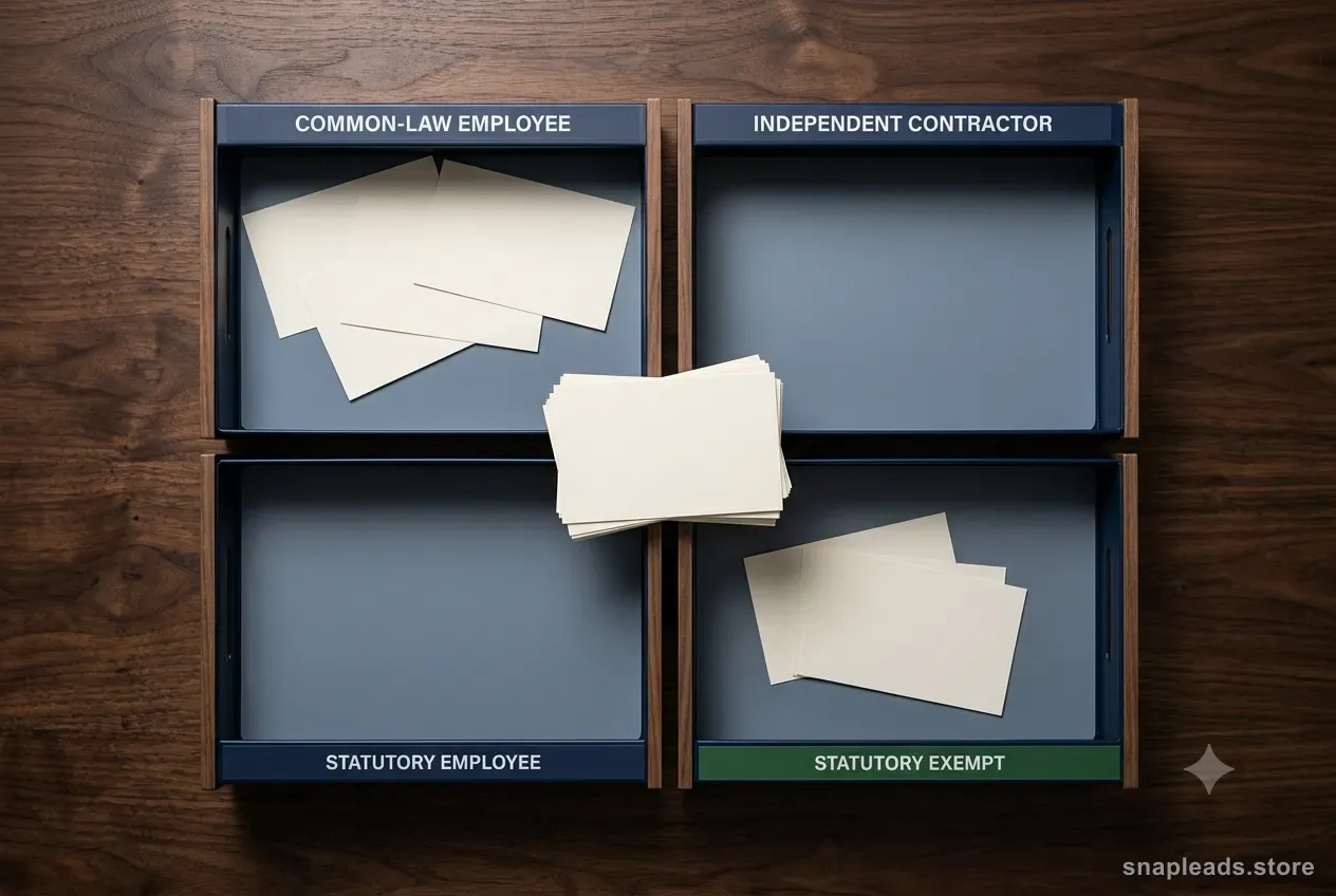 Top-down view of four labeled sorting trays — "Common-law employee", "Independent contractor", "Statutory employee", "Statutory exempt" — with blank index cards being sorted between them.