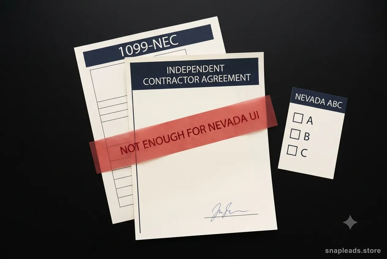 A signed "Independent contractor agreement" and a "1099-NEC" form on a black desk, crossed by a translucent red band reading "Not enough for Nevada UI", beside a checklist card headed "Nevada ABC" with rows A, B, C.