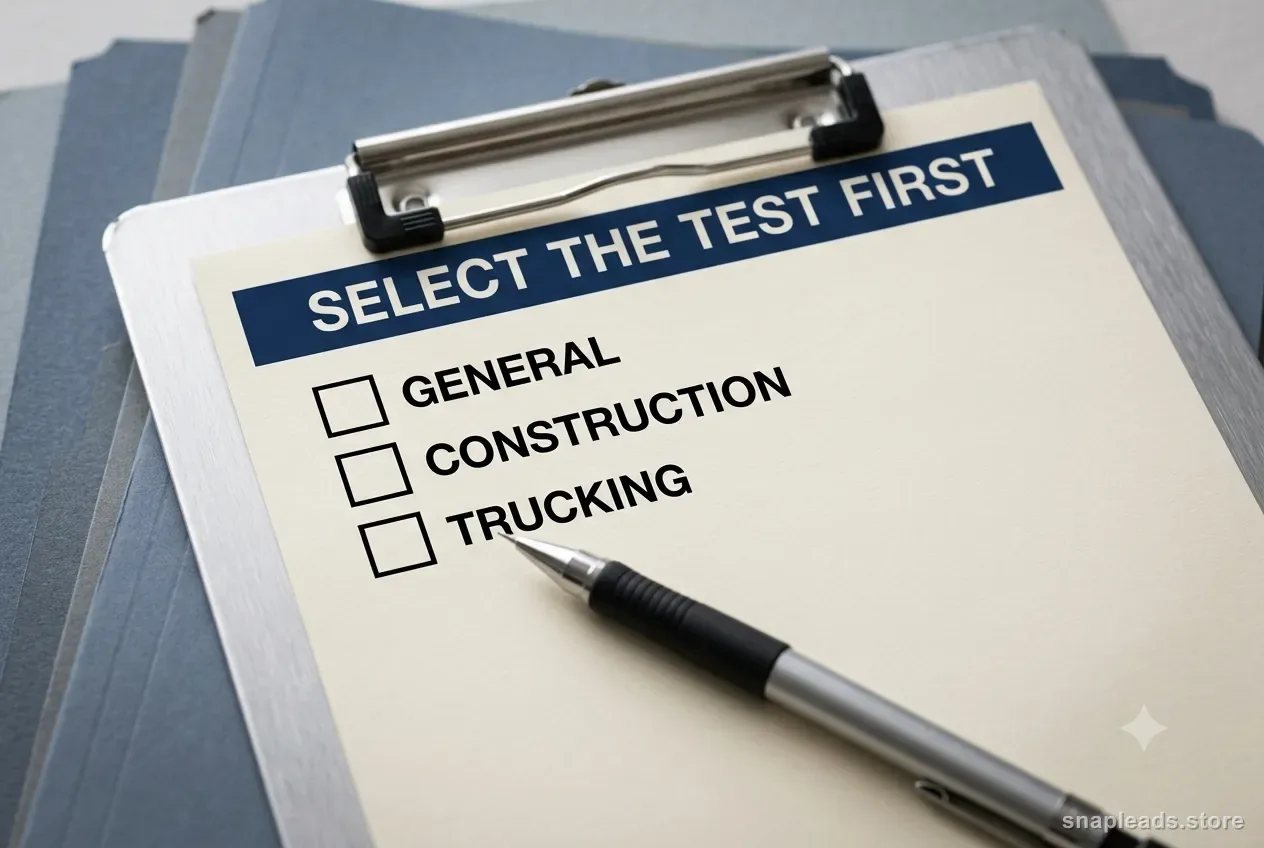 A clipboard routing card headed "Select the test first" with three empty checkboxes labeled General, Construction, and Trucking, resting on a stack of file folders.