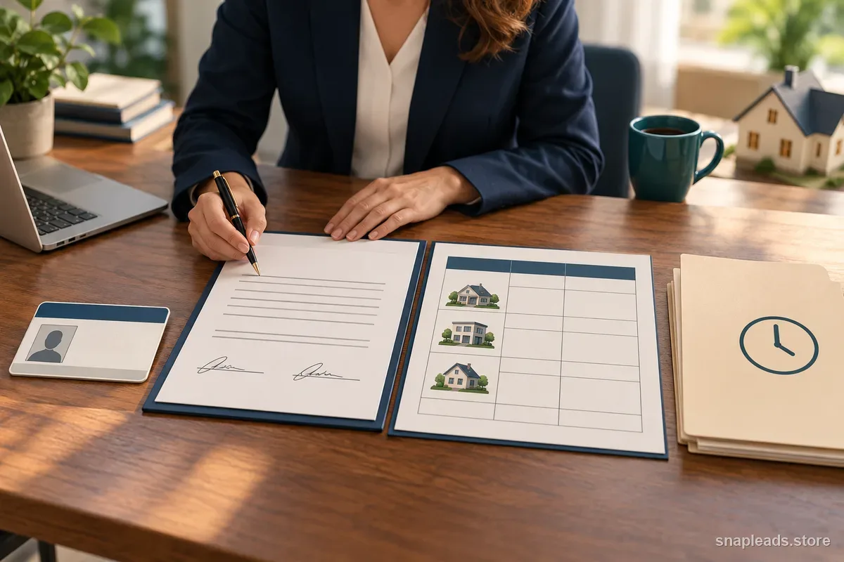 A generic license card, blank contract, transaction ledger, and separate hourly timesheet arranged on a brokerage desk.