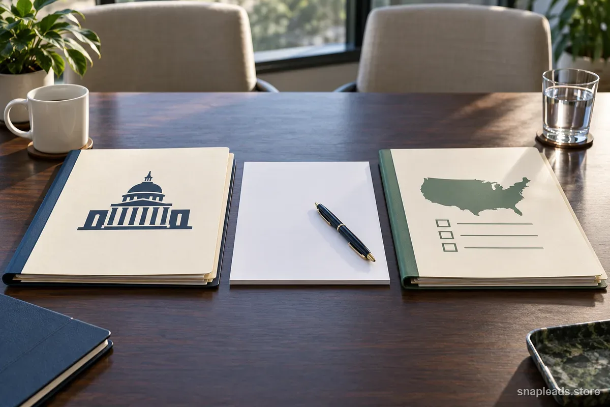 A federal tax folder and a separate state-law checklist sit beside a blank review worksheet.