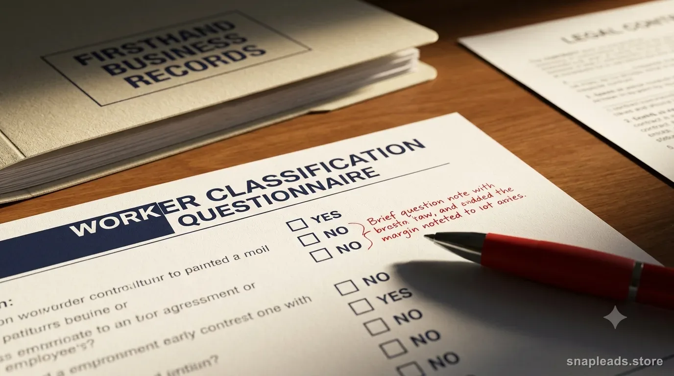 A raking-light close-up of a state worker-classification questionnaire with a red-pen margin note, a firsthand-records folder and a face-down contract behind.