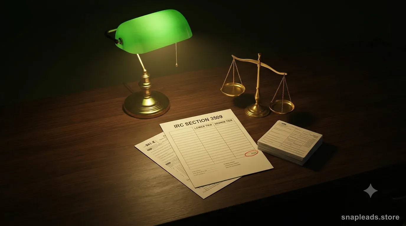 A Section 3509 worksheet with lower-tier and higher-tier columns beside a tilted brass scale and a stack of 1099 forms, lit by a green banker's lamp.