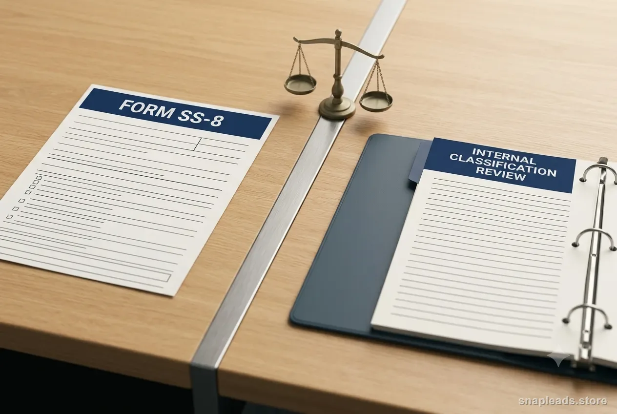 A desk split by a metal divider: a blank form headed "Form SS-8" on one side, an open binder tabbed "Internal Classification Review" on the other, with a small balance scale on the divider.