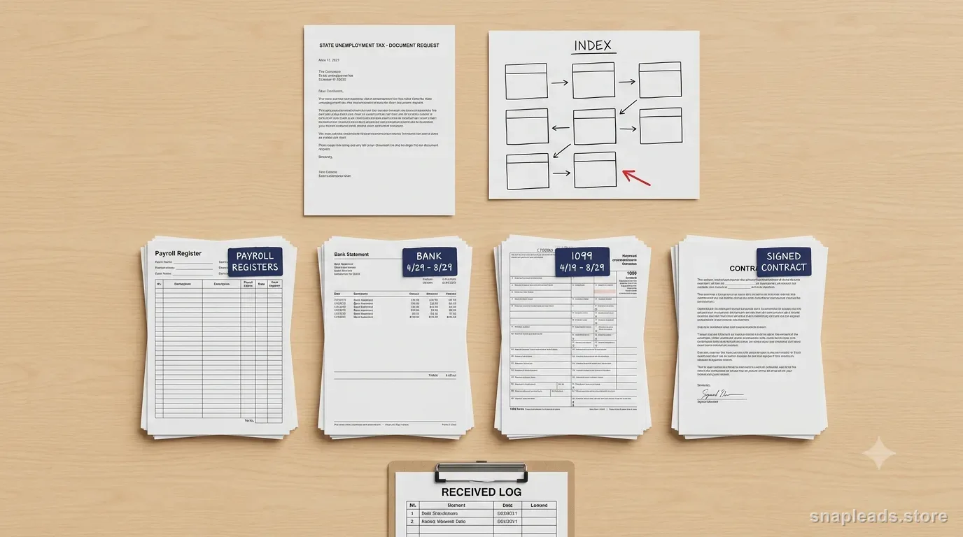 An overhead grid of a state audit document request, a hand-drawn index sheet, four date-labelled record stacks and a received log.