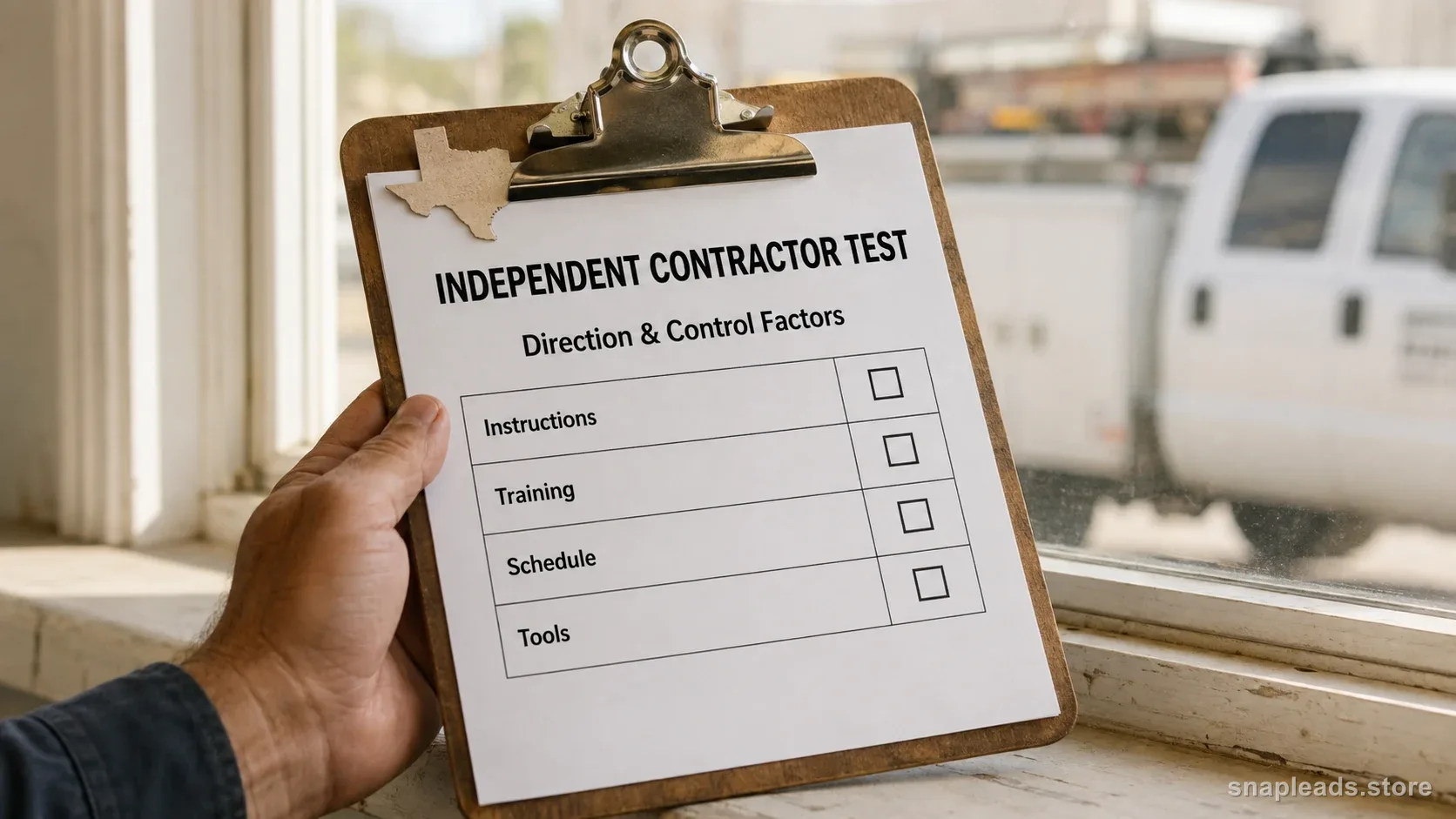 A clipboard held near a jobsite window showing an Independent Contractor Test checklist with a Texas state cutout under the clip.
