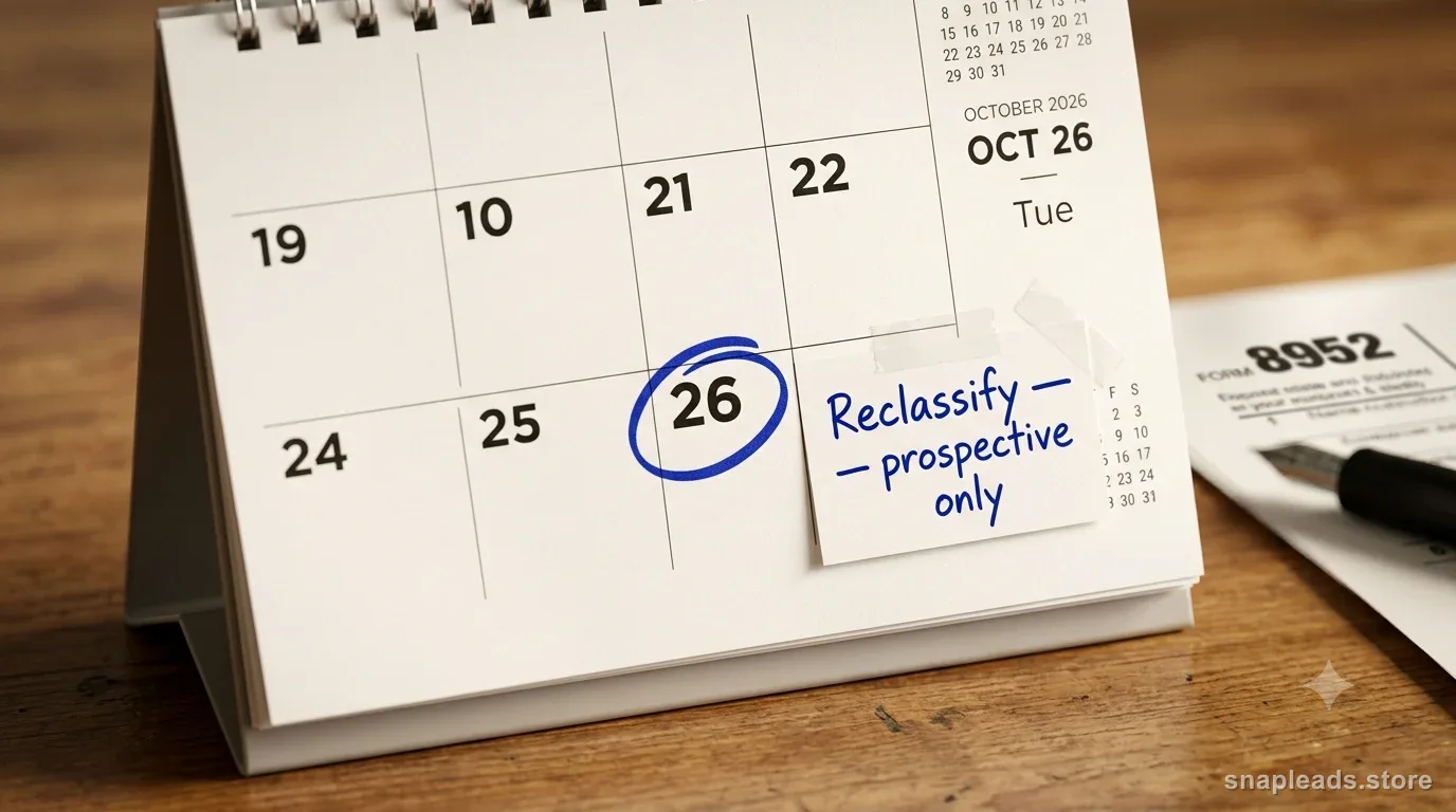 Desk calendar with a future date circled and a note reading reclassify prospective only, beside a Form 8952 VCSP application.