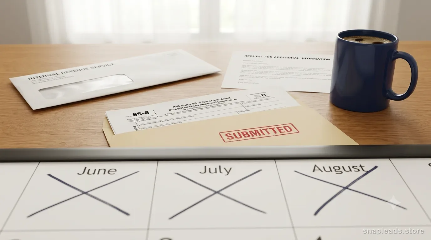 A calendar with three months crossed off in the foreground, a submitted Form SS-8 folder behind, and an unopened IRS follow-up request.