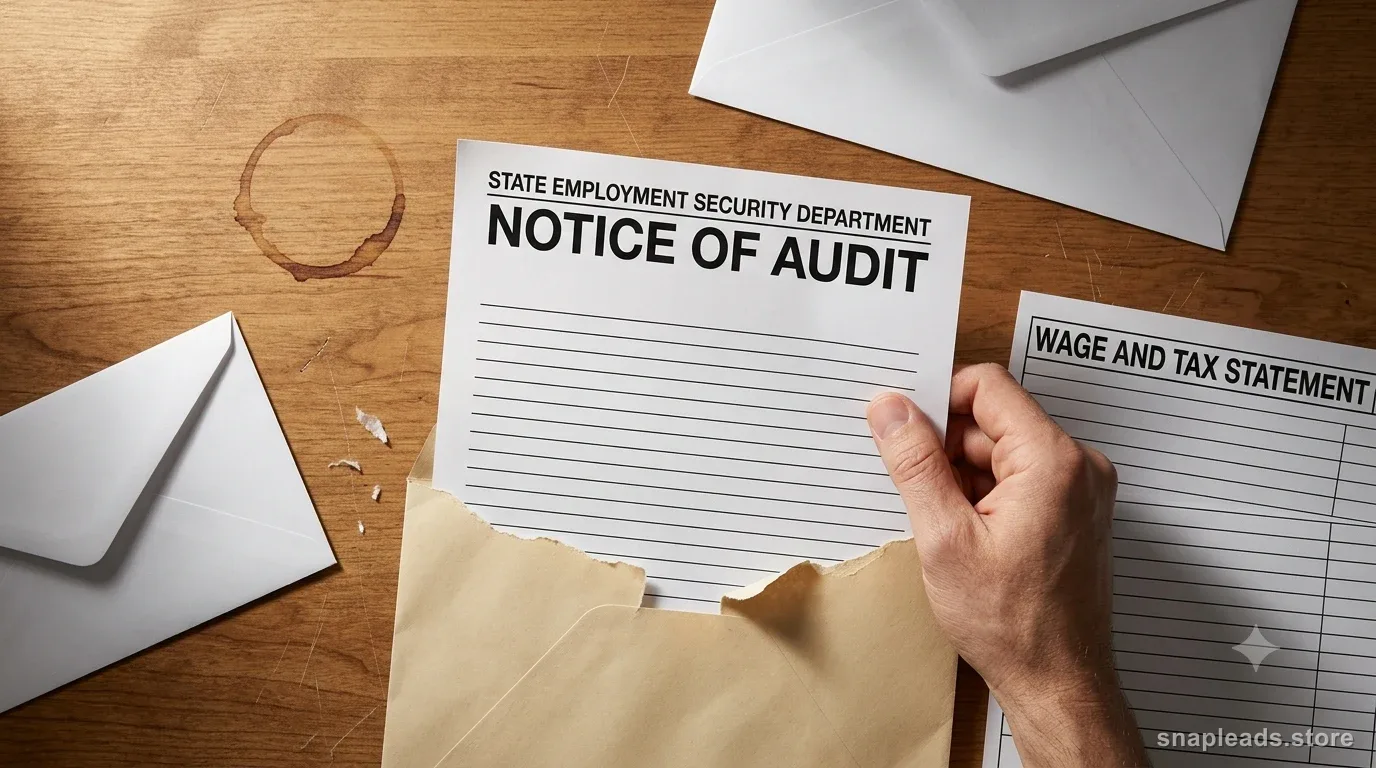 A hand pulling a Notice of Audit letter from a torn envelope beside a Wage and Tax Statement and a coffee ring stain.